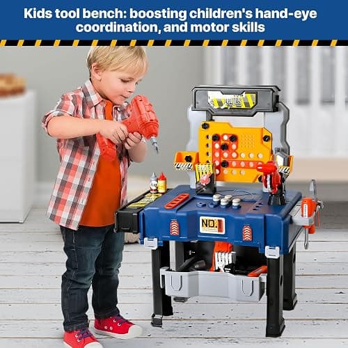 MUGEYMYD Kids Tool Bench Set with Electric Drill and Realistic Tool, Pretend Play Construction Workbench Toys for Toddlers, Build a Kids Tool Workshop Set for Boys and Girls, Ages 3-8. thumbnail 3