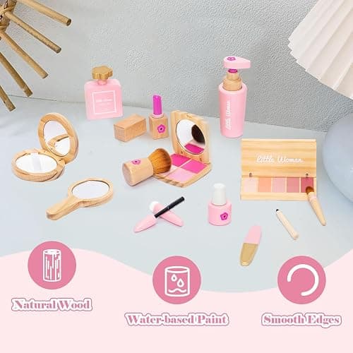 Wooden Makeup Toy Set, Pretend Play Makeup Kit for Toddlers Realistic Beauty Salon Set for Girls with Eyeshadow Lipstick Perfume Brush and Cosmetic Bag Birthday Gifts for Girls Toys Kids Aged 3 4 5 6 thumbnail 4