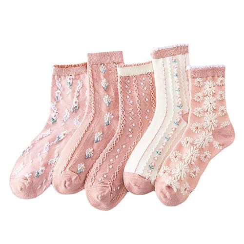 MarJunSep Cute Floral Crew Socks for Women Teen Girls Flower Cottagecore Frilly Vintage Fancy Cotton Socks - Image 1