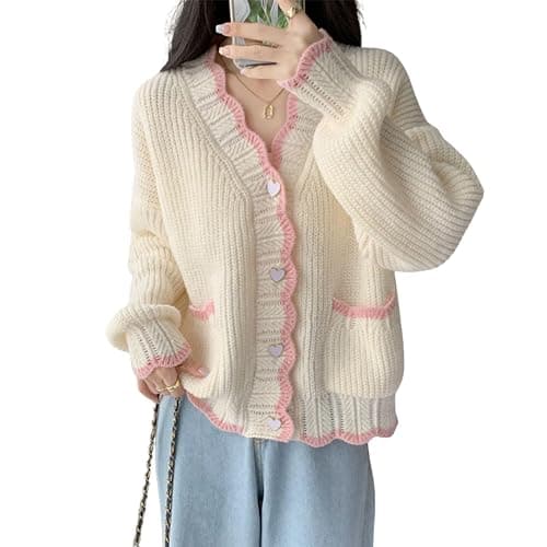 FindThy Women’s Cute Cardigan Sweater Kawaii V-Neck Long Sleeve Heart Button Color-Blocked Knit Outerwear - Image 1