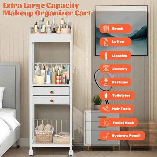 Rolling Makeup Cart Organizer, Floor Skincare Make Up Storage, Vanity Organizer with 2 Non-woven Fabric Drawers, Cosmetic Display Holder for Skin Care, Perfume, Nail Polish, Makeup Brush, Hair Tool thumbnail 5