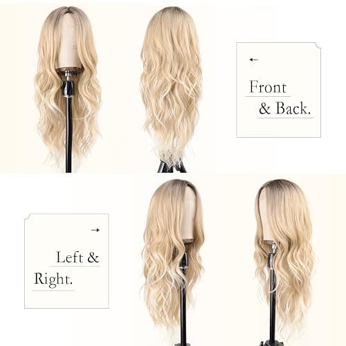 Long Ombre Blonde Wig for Women 26 Inch Long Wavy wig Middle Part Natural Looking Synthetic Heat Resistant Wigs with Dark Roots Balayage Culry Wig for Cosplay Halloween Daily Use thumbnail 5