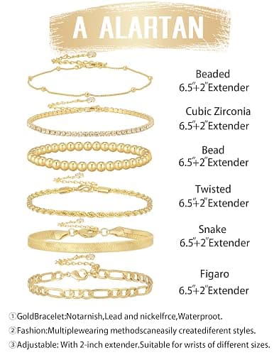 Gold Bracelets for Women 14K Gold Plated Stack Trend Bracelets Charm Paperclip Chain Cuban Link Layered Waterproof Bracelet Dainty Bracelet for Women Jewelry Gifts thumbnail 3