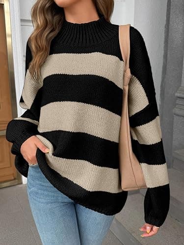 Saodimallsu Womens Oversized Striped Sweater Mock Neck Chunky Knit Lantern Long Sleeve Fall Trendy Tunic Sweaters Top thumbnail 2