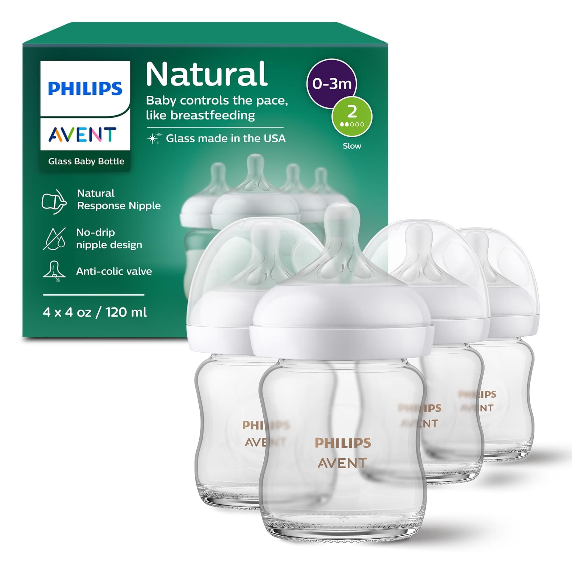 Philips AVENT Biberón de vidrio natural con pezón de respuesta natural, transparente, 4 onzas, paquete de 4, SCY910/04 - Image 1