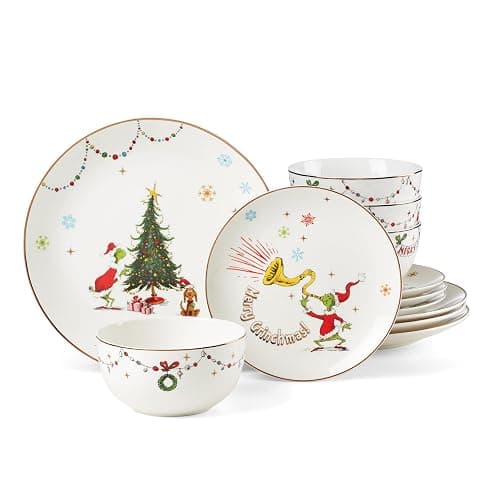 Lenox 895051 Merry Grinchmas 12-Piece Dinnerware Set, Green, 12 Count, Christmas, Holiday Hosting - Image 1