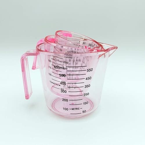 Plastic Measuring Cup Set, Kitchen Cooking and Baking Seasoning Liquid Measuring Cup, Multiple Scale Identification, with Handle and Triangle Mouth, 150ml, 300ml, 600ml, 3-piece Set (Pink) thumbnail 4