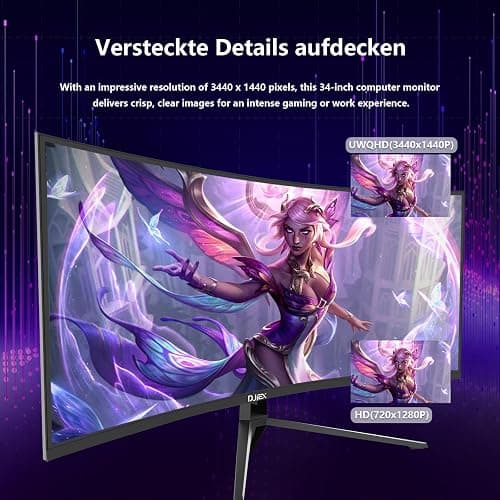DJiEX 34 Inch Curved Monitor 1500R,165Hz,3440x1440 21:9 UWQHD,Ultrawide Gaming Computer Monitor 21:9,Support Freesync,1ms(MPRT),PIP/PBP, 99% sRGB, HDMI 2.0 & DP 1.4,VESA Mount/Tilt Adjustable-Black thumbnail 6