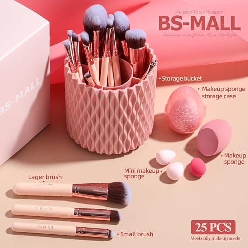 BS-MALL Makeup Brushes Premium Synthetic Foundation Powder Concealers Eye Shadows 18 Pcs Brush Set with 5 sponge & Holder Sponge Case (A-Pink) thumbnail 5