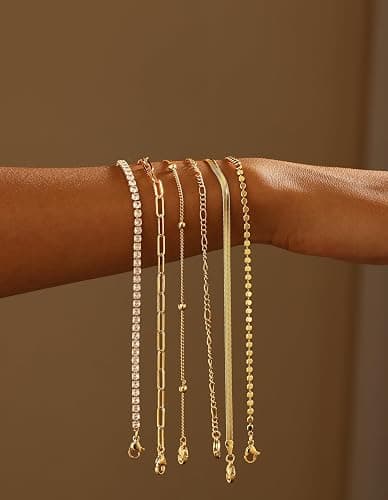 DEARMAY Waterproof Gold Bracelets Set for Women Trendy, Dainty 14K Real Gold Plated Jewelry Fashion Stackable Tennis Beaded Figaro Herringbone Paperclip Link Bracelet Pack Stack Gifts for Women - 6Pcs Gold Bracelets C thumbnail 6