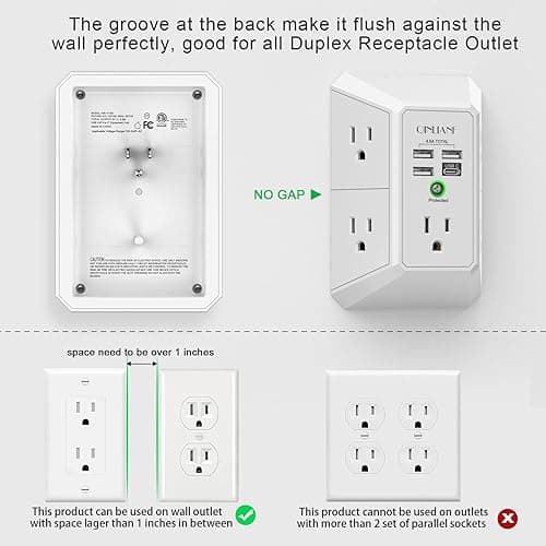 Wall Charger, Surge Protector, QINLIANF 5 Outlet Extender with 4 USB Charging Ports (4.8A Total) 3-Sided 1680J Power Strip Multi Plug Adapter Spaced for Home Travel Office (3U1C) - 3U1C - White thumbnail 3