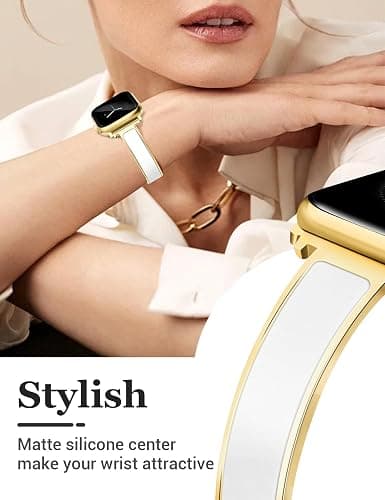 Newlibery Gold Slim Watch Bands for Women Compatible with Apple Watch 38mm 40mm 41mm 42mm (S10/11) Jewelry Dressy Bracelet Metal Strap Adjustable for iWatch Series 11/10/9/8/7/6/5/4/SE 3/2/1 thumbnail 2