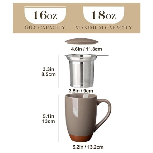 MALACASA Ceramic Tea Mug with Lid and Stainless Steel Infuser, 18 oz Large Tea Cup for Loose Leaf Tea, Heat-Resistant, Microwave & Dishwasher Safe, Speckled Glaze Coffee & Tea Brewer Mug, Khaki Brown thumbnail 3