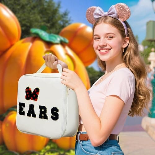 Chenille Letter Bow Mouse Ears Travel Case, Park Ears Headband Holder Hair Accessories Organizer Bag for Girls Women Kids Adults, Large Makeup Bag Snack Bags with Zipper for Travel Picnic - White thumbnail 4