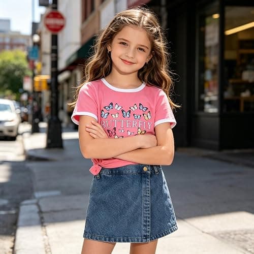 Voxikodex Girls Summer Clothes Butterfly Print Short Sleeve Tops and Denim Skirt Shorts Set Cute Outfits for Kids Girls 5-12Y thumbnail 7