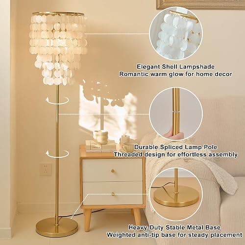 Monikessy Capiz Shell Floor Lamp Elegant Modern Floor Lamp with Gold Finish | 57" Coastal Seashell Standing Lamp, Plug In, Foot Pedal Switch, 3 Color Tempareture, Easy Assembly thumbnail 4