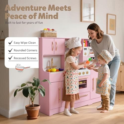 TODEFULL Kids Kitchen Playset, Wooden Play Kitchen with Toy Storage System, Pretend Play Kitchen Set Toy with Range Hood, Ice Maker & Coffee Maker, for Kids Ages 3+, Pink thumbnail 5