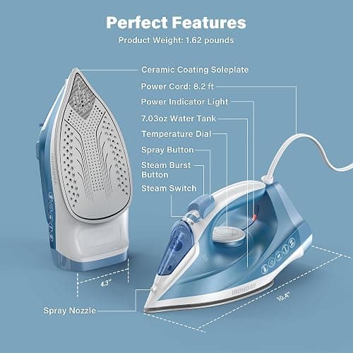IRONDAY Steam Iron for Clothes Fast Heating, 1200W Iron with Non-Stick Ceramic Soleplate, Self-Cleaning, Burst of Steam, Spray Mist, 7.03oz Water Tank Ironing Clothes for Home, Blue thumbnail 2