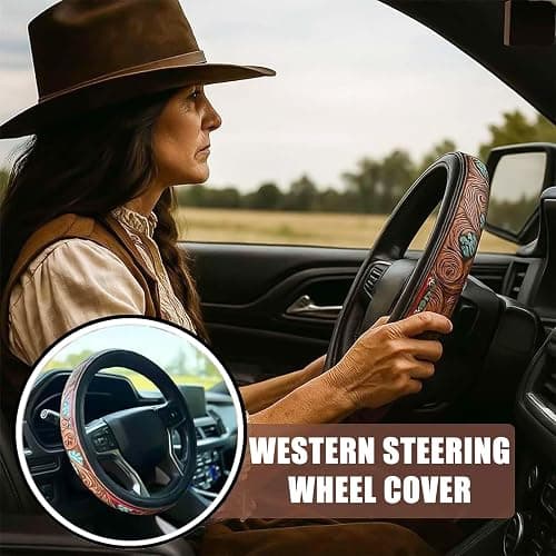 Western Leather Steering Wheel Cover - Retro Western Cowboy Handcrafted Tooled Leather, Anti Slip Universal, Auto Interiors Accessories, Breathable for Suvs,Trucks (C) thumbnail 2