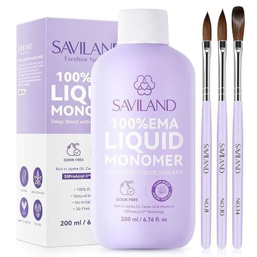 SAVILAND Monomer Acrylic Nail Liquid: 6.76 Oz Professional EMA Acrylic Liquid Monomer with Size 8,10,14 Brushes for Beginners DIY Nail Art Extension & 3D Sculpting Non-Yellowing MMA-Free - Image 1