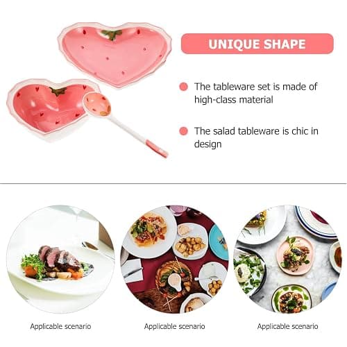Ceramic Bowl Plate with Spoon Heart Shaped Strawberry Bowl Salad Dessert Snack Appetizer Plates for Soup Cereal Nuts Oatmeal Fruit Prep Sushi Plate Set thumbnail 4