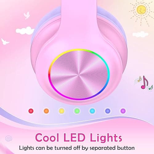 2024 Bluetooth Kids Headphones Fit for Aged 3-21, Colorful LED Lights Comfort Wireless Headphones with Microphone 94dB Volume Limited for School/iPad/PC/TV/Cellphones, Wired & TF Card Mode, Pink - Pink thumbnail 2
