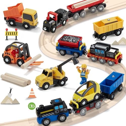 Giant bean 12 Vehicles Train Car Set Accessories, Battery Operated Magnetic Mini Construction Set for Wooden Train Tracks, Bulk Car Toys for Toddlers 3 4 5 Year Boys Girls Kids - Image 1