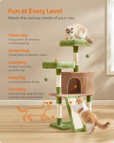 Feandrea Cat Tree, 45.3-Inch Cat Tower, Plush Condo with Scratching Post, Ramp, Perch, Spacious Cave, for Small Space, Grass Green and Camel Brown UPCT141CB03 thumbnail 3