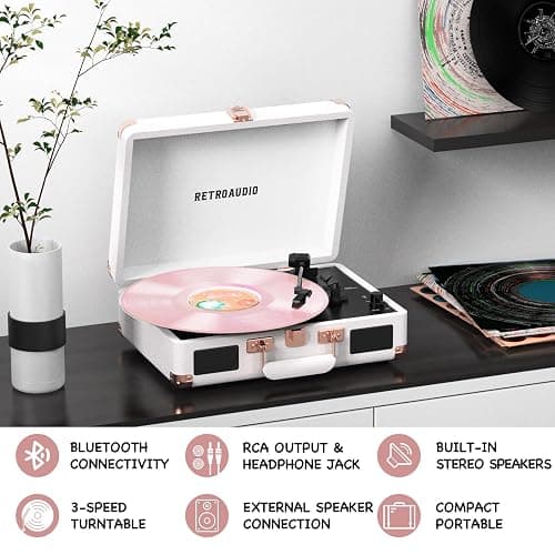 Vinyl Record Player with Built-in Speakers 3-Speed Vintage Record Player Bluetooth Portable Suitcase Turntable Belt-Driven LP Player Support RCA Output and Headphone Output (White Rose Gold) thumbnail 3