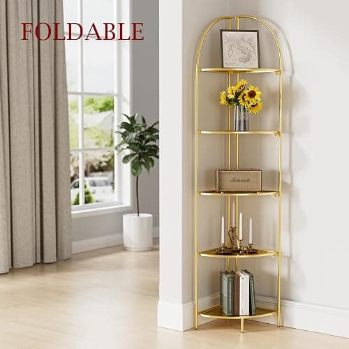 Crofy Foldable 5 Tier Corner Shelf, Metal Corner Plant Stand with Gold Frame and Gold Shelves, Corner Display Rack Multipurpose Shelving Unit for Living Room, Bedroom, Bathroom thumbnail 2