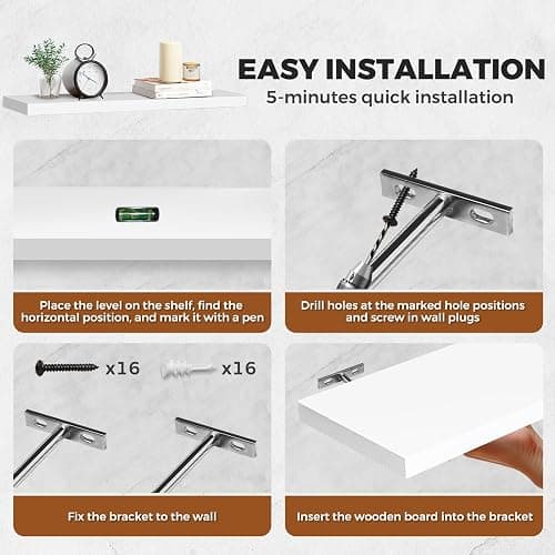 ABSWHLM 16x5.8x0.8in Floating Wall Shelves Rustic Solid Wood 4-Pack, White | Pine Wood, Easy To Install, Multi-Functional Storage, Living Room Bedroom Decor, Multi-Purpose Storage & Decor Design thumbnail 7