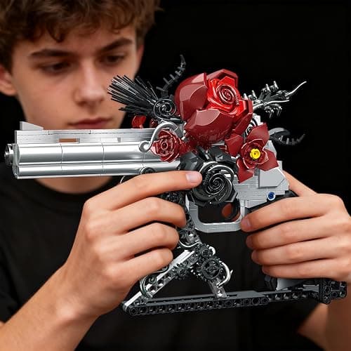 GHQYTPR Guns & Petals Decorative Revolver Building Blocks with Red Roses Gothic Rose Revolver Building Kit Gothic Style Display Piece Creative Gift for Adults Teens 631 PCS thumbnail 2