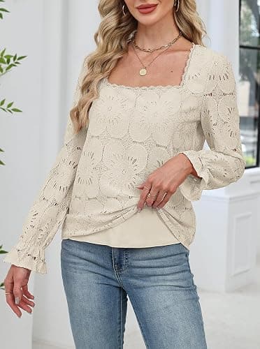 UNCOOYEE Blouses for Women Dressy Casual Eyelet Square Neck Long Sleeve Embroidered Lace Crochet Boho Tops Fall Fashion 2025 thumbnail 2