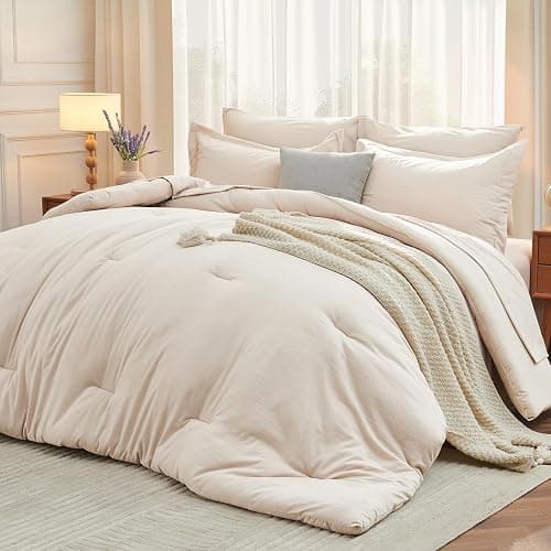 MUXHOMO 7 Pieces Full Comforter Set, Soft Bed in a Bag Full Size, All Season Bedding Set with Comforter, Flat Sheet, Fitted Sheet, Pillowcases & Shams, Beige - Image 1