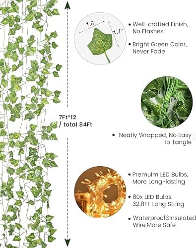 JACKYLED 84Ft 12 Pack Artificial Ivy Garland Fake Plants, Ivy Vines Leaves with CE Certified 80 LED String Lights, Hanging Ivy Lights for Bedroom Garden Party Wall Room Decor thumbnail 4
