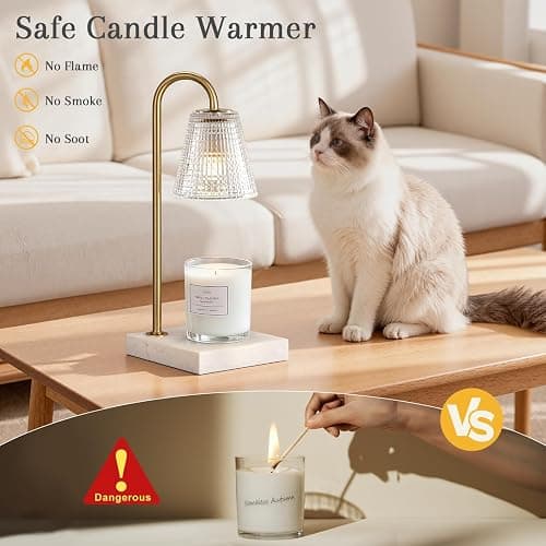 Hong-in Modern Gold and Marble Candle Warmer Lamp with Textured Glass Shade, Elegant Candle Lamp for Bedroom Living Room Kitchen, Luxury Home Decor Accent Lamp,Birthday Gift for Women thumbnail 4