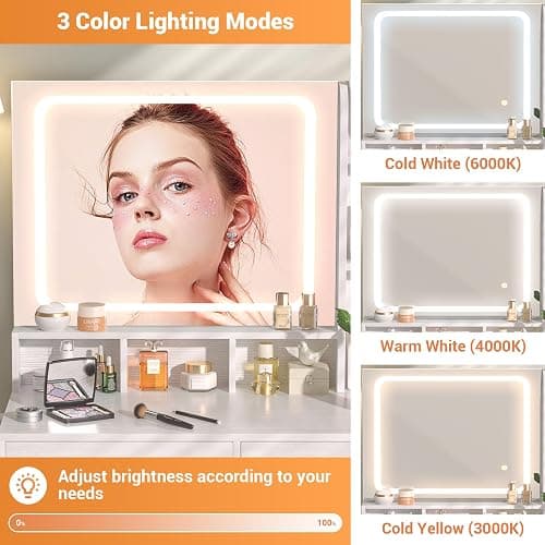 Small Vanity Desk, Vanity Desk with Mirror and Lights, Makeup Vanity Desks with Power Strip, Vanity Table with Drawers and Shelves, Adjustable Lighting, Dressing Table for Bedroom Dressing Room, White thumbnail 3