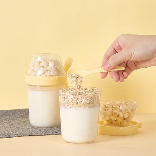 Felli On The Go Yogurt Parfait Snack Cup with Lid, Reusable Leak Proof Acrylic Travel Container for To Go Cereal Granola Milk, 12 oz Clear Mason Jar with Spoon & Crunch Fruit Holder (2, Yellow) thumbnail 7