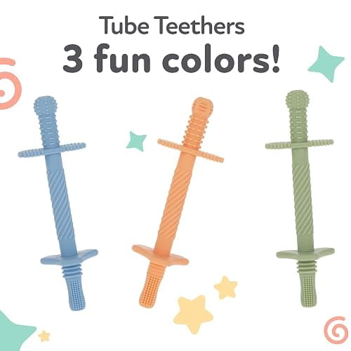 Nuby Sensory Silicone Tube Teethers - (3 Pack) Textured Infant and Baby Teether Toys - 3+ Months - Orange, Blue, and Green thumbnail 5