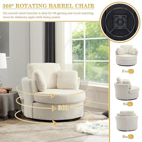 Swivel Barrel Chair, Modern Fabric Oversized 360 Degree Club Accent Arm Chairs, Single Round Living Room Sofa Chair w/ 3 Pillows for Nursery, Bedroom, Reading, Office, Ivory thumbnail 4
