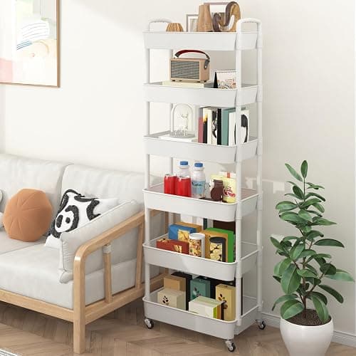 Sywhitta 6-Tier Plastic Rolling Utility Cart with Handle, Multi-Functional Storage Trolley for Office, Living Room, Kitchen, Movable Storage Organizer with Wheels, White thumbnail 6