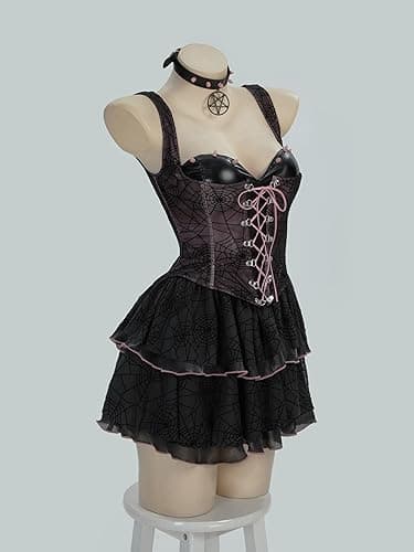 MEOWCOS Women's Gothic Dress A-line Goth Corset Dress Spider Web See-Through Layer Dress - Black and Pink - Medium thumbnail 2
