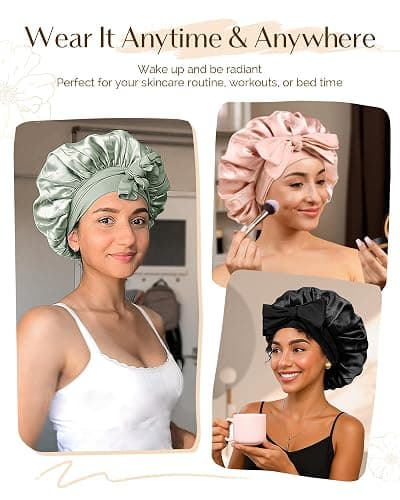 YANIBEST Silk Satin Bonnet for Sleeping Double Layer Hair Bonnet with Tie Band for Curly Natural Hair, Heart Print thumbnail 5