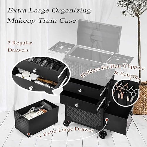 Joligrace Cosmetology Case on Wheels, Rolling Makeup Case for Hairstylists & Makeup Artists， Lockable Professional Make up Case Salon Trolley Cart with Hairdryer Holder for Salon/Barber/Travel, Black thumbnail 4