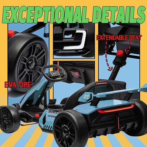 KerryYoo K61 Go Kart Electric Drift Kart with Length Adjustable Seat, 24V Outdoor Ride on Toy with 4 Speed Mode, Crazy Cart for Kids 6-12 Years Old, Fast 300W Motor, 8.5 MPH, Bluetooth - Blue thumbnail 4
