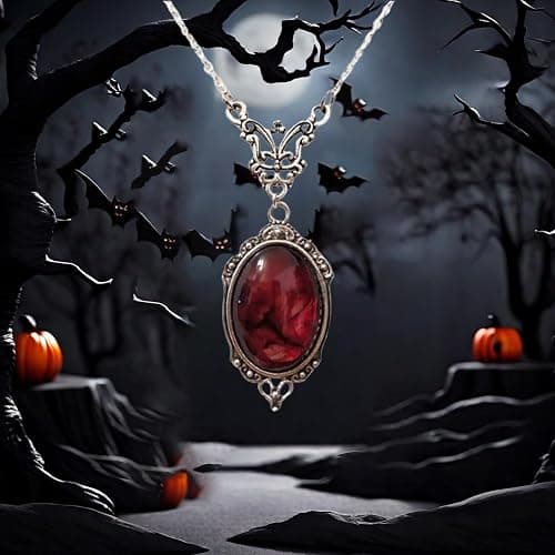 IS4U Gothic Vampire Necklace Vintage Stardust Crystal Cameo Pendant Necklace Punk Style Vampire Pendant Oval Necklace Satanic Demon Red Pendant Necklace Jewelry thumbnail 3