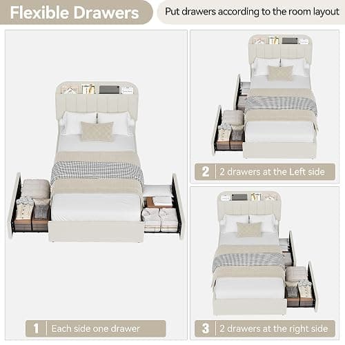 GAOMON Twin XL Bed Frame with Storage Headboard & 2 Drawers, Beige | Boucle Kids Bed, Upholstered Platform Bed, Bookcase, No Box Spring Needed, Noise Free, Easy Assembly thumbnail 4
