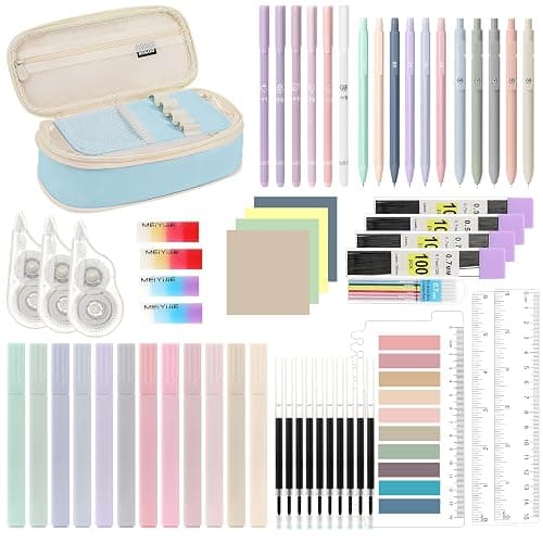MoKo 60Pcs Aesthetic School Supplies with Cute Pencil Case, 12 Pastel Highlighters, 5 Black Ink Gel Pens, 6 Mechanical Pencil Set 0.5 & 0.7 mm for Students Stationary College Essentials, Blue - Image 1