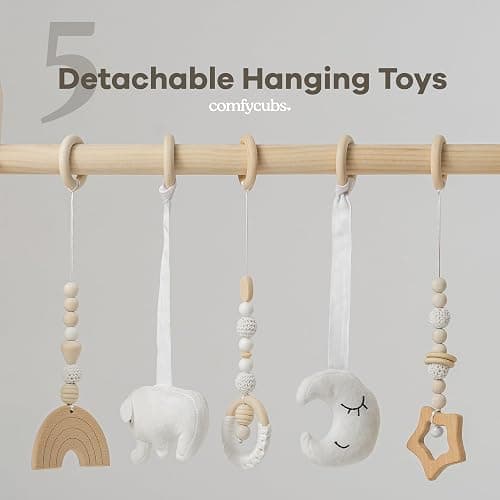 Comfy Cubs Wooden Baby Play Gym - Natural Finish Pinewood Baby Activity Gym with 5 Sensory Hanging Toys - Easy No-Tool Assembly, Safe and Durable for Infant Motor and Visual Development - Natural Wood thumbnail 4