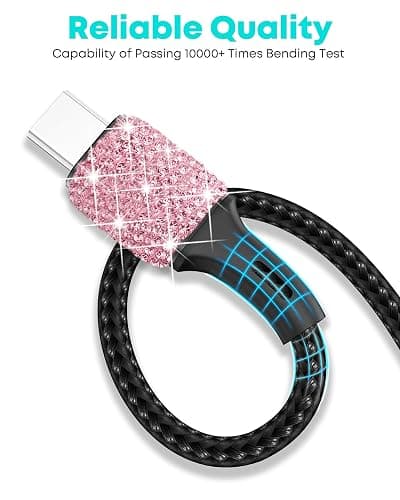 Bling USB Car Charger 5V 2.4A Pink Crystal Decor Dual Port Fast Adapter with 4ft Nylon Type C Micro USB 3 in 1 Multi Charging Cable for iPhone iPad Android, Auto Interior Accessories for Women - Pink thumbnail 4
